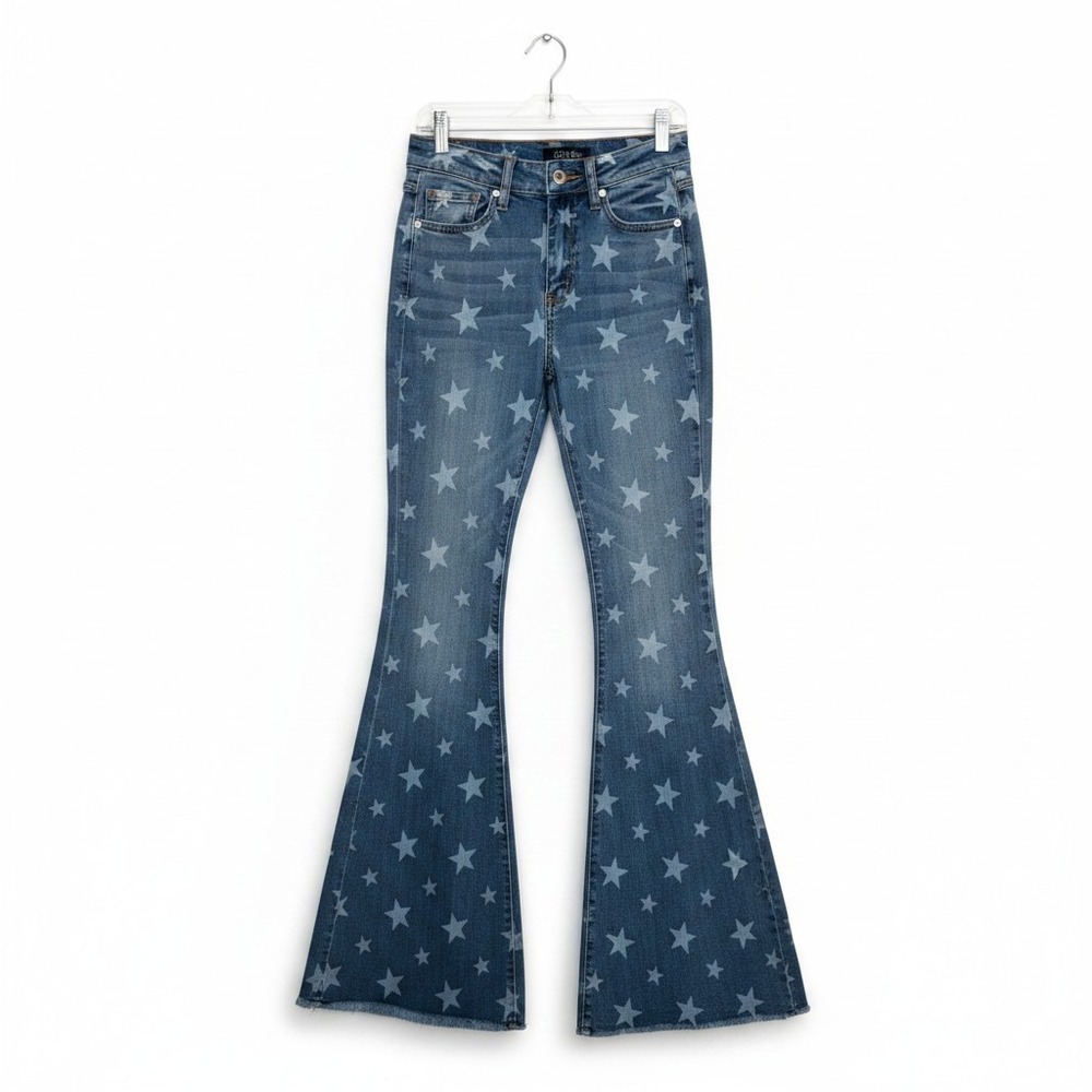 Judy Blue Super Flare Stars Med Wash Bell Bottom Stretch Jeans Womens  1/25 Tall